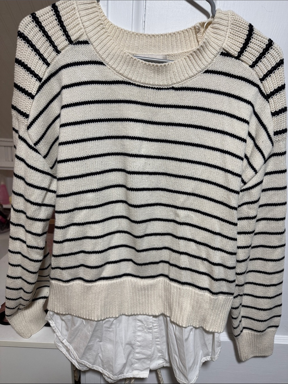 Striped Cream and Black Crewneck Sweater